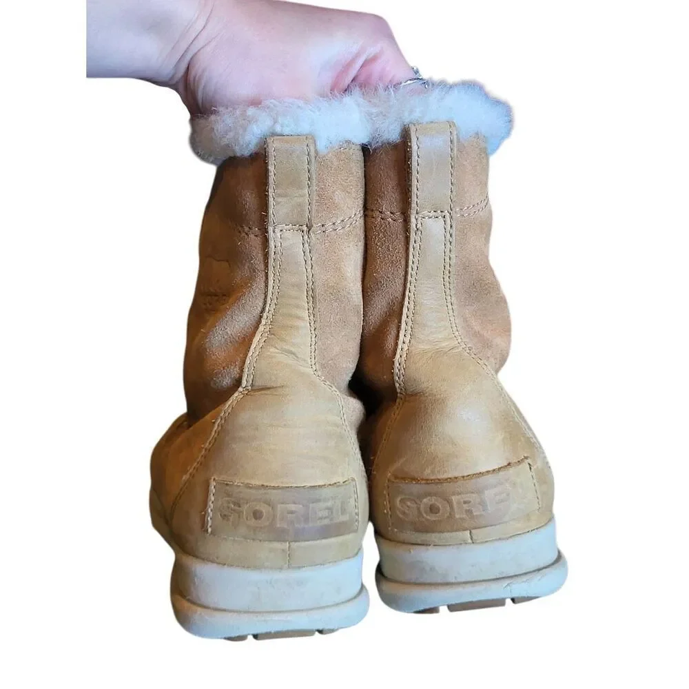Sorel Boots Women's 9.5 Tan Suede Leathwr Joan Explorer Rain Winter Snow Fur